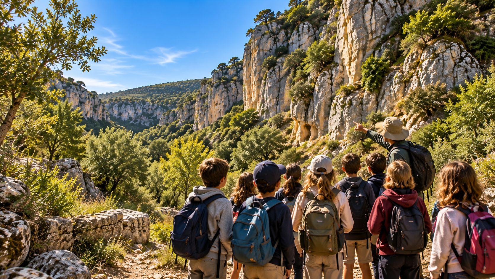 Grupo de alunos de costas, a observar as escarpas com um guia