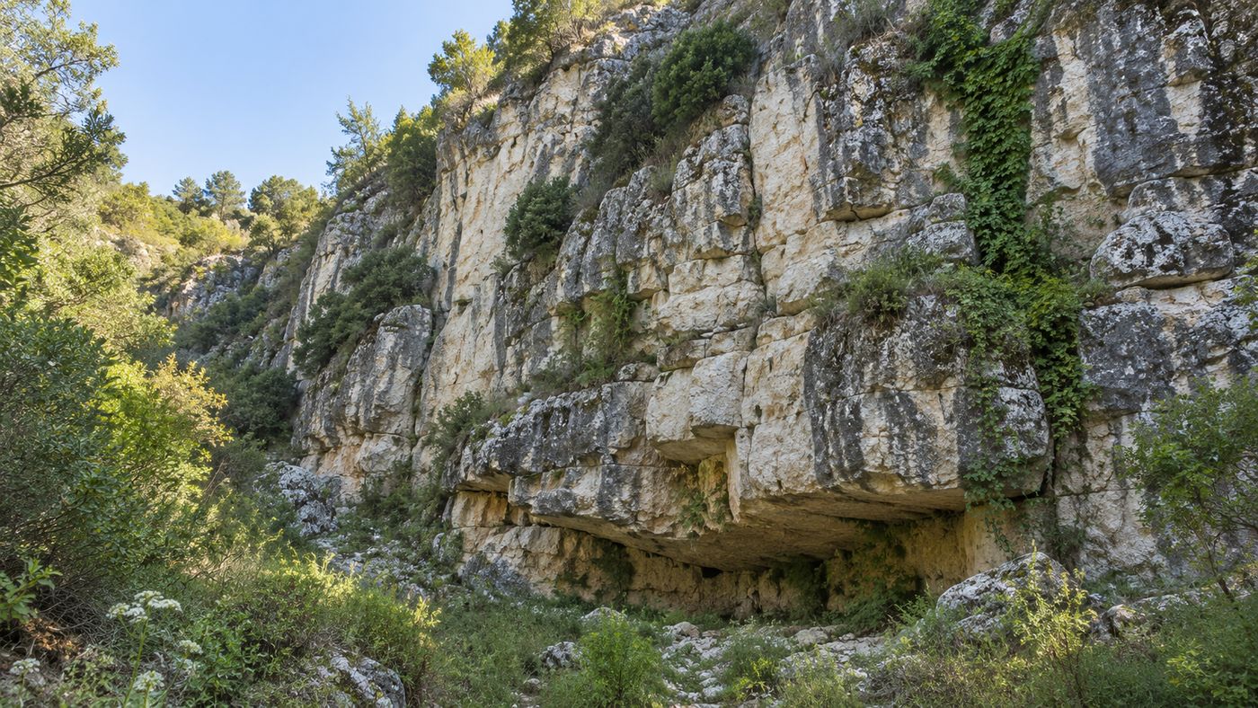Escarpa vertical de calcário claro com vegetação nas fendas