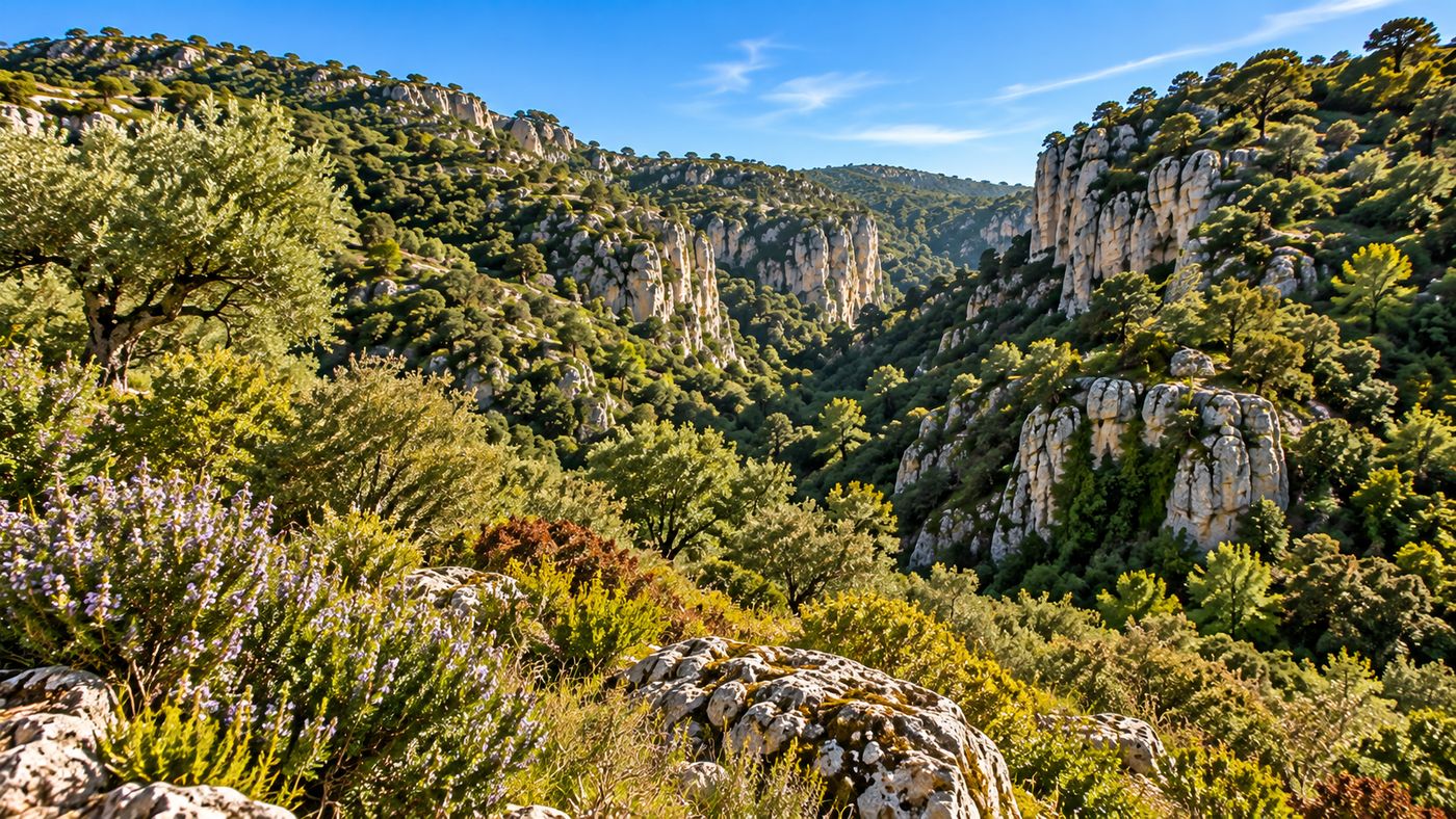 Encosta do vale coberta de vegetação mediterrânica nativa