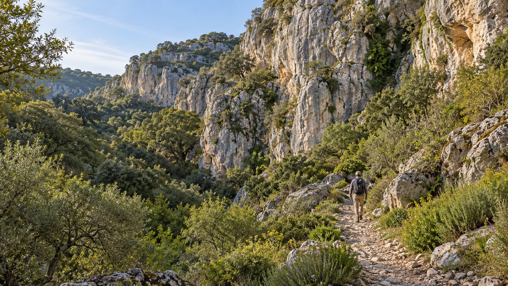 Caminhante num trilho junto às escarpas calcárias