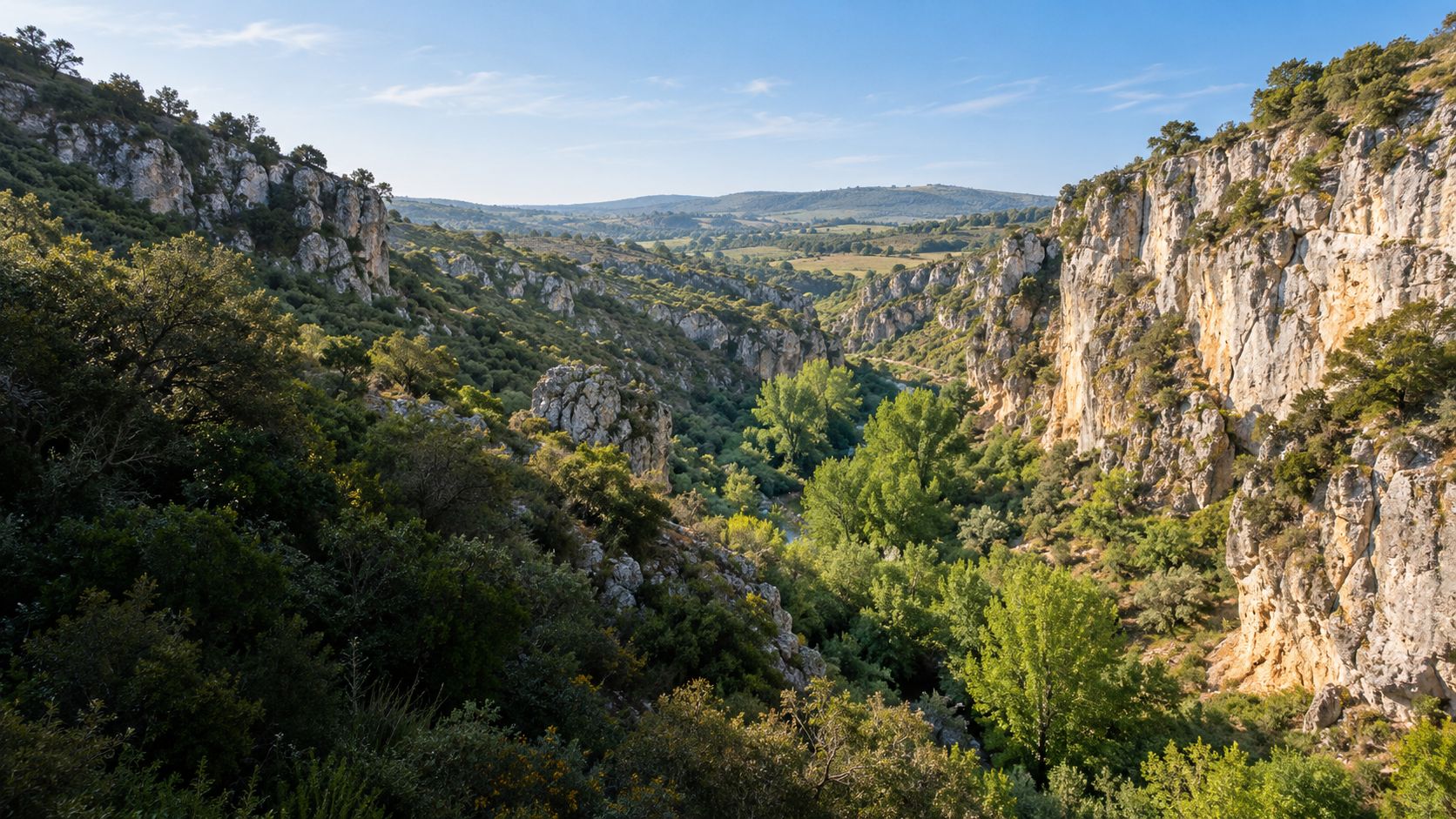 Vista panorâmica do Canhão Cársico de Ota, com paredes de calcário e vale verde