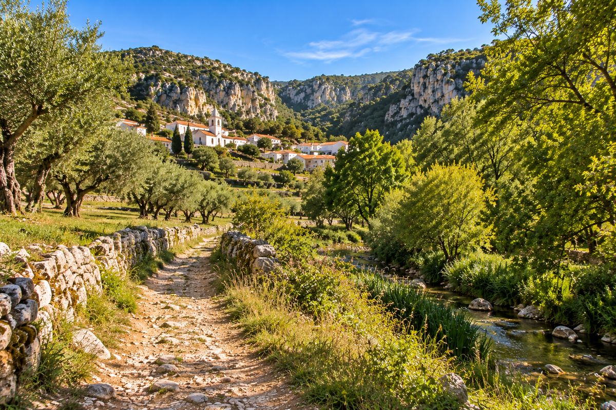 Caminho rural entre campos e a ribeira, perto da aldeia